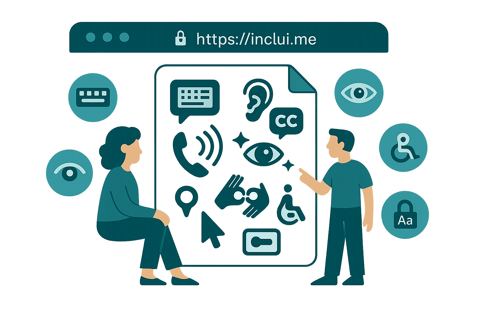 Ilustração sobre acessibilidade digital e inclusão em tons de verde-água.